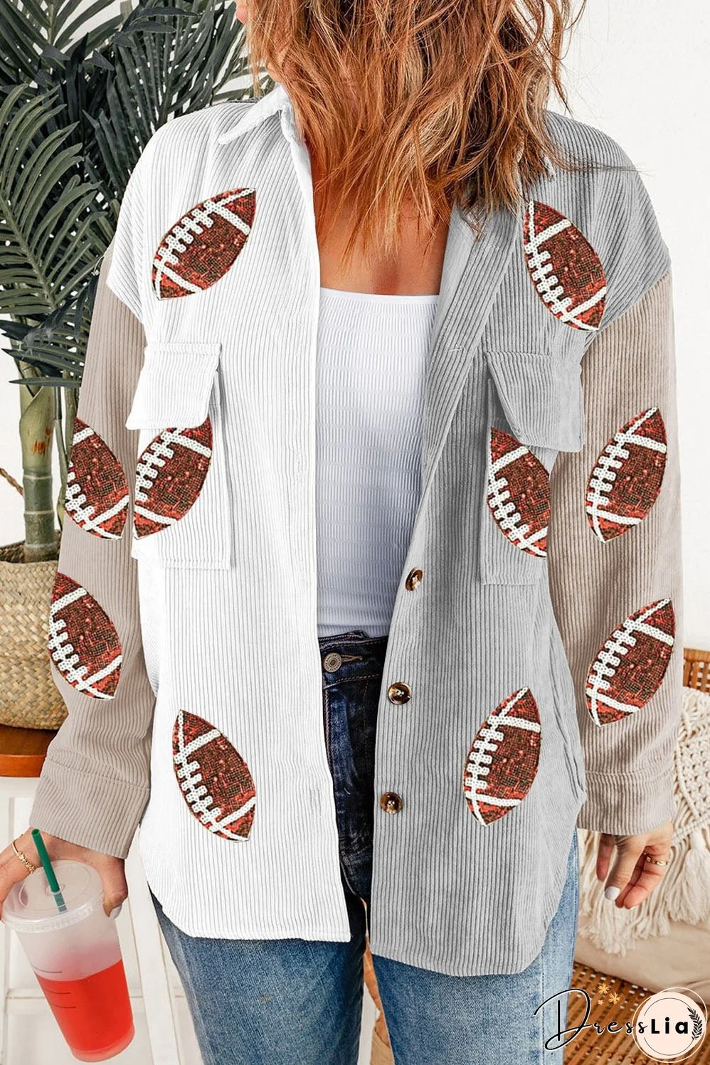 White Sequin Rugby Graphic Flap Pockets Corduroy Shacket
