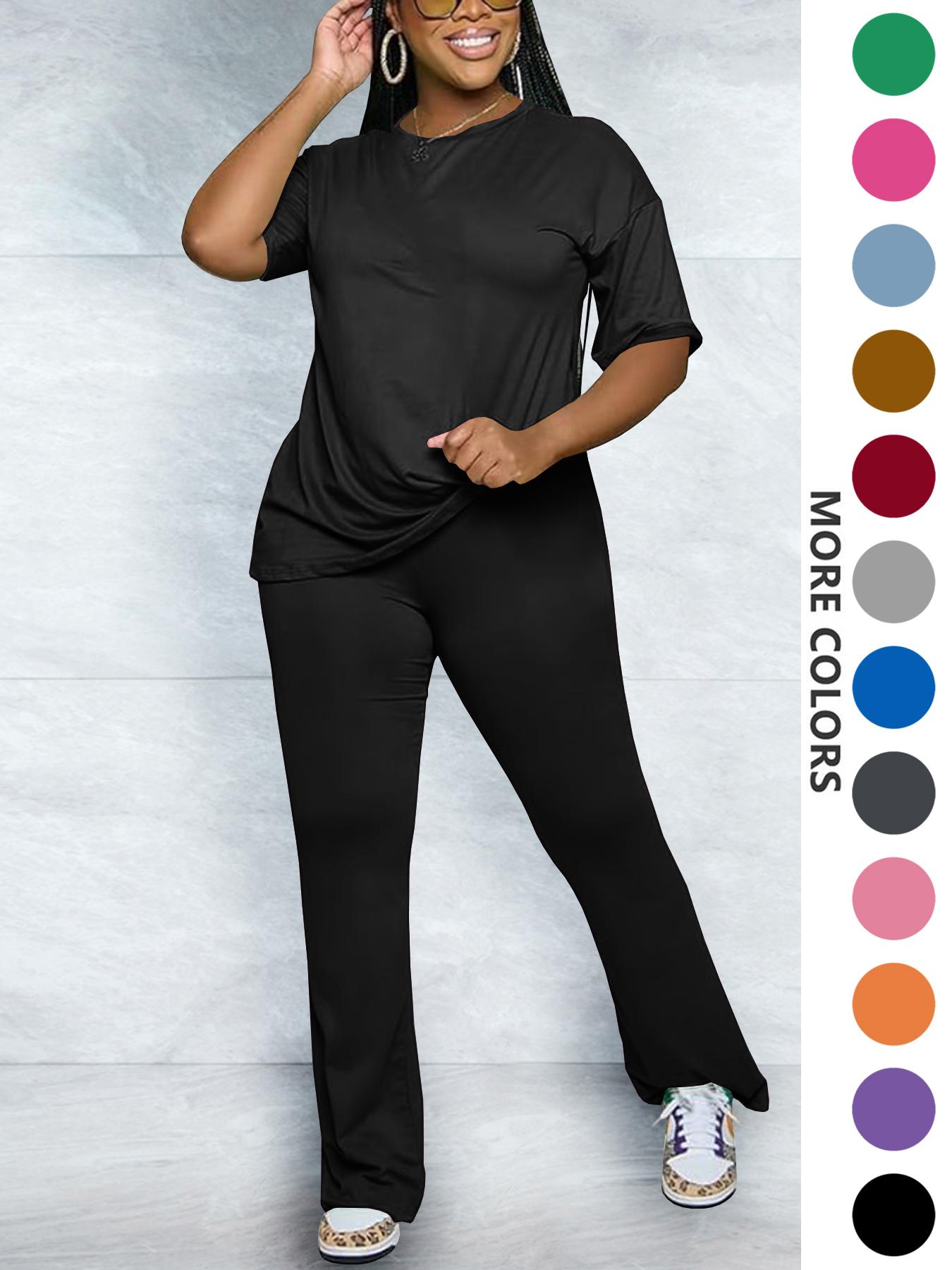Women's Solid Round Neck Drop Shoulder Fitted Tee & Pants Two-piece Set, Casual Basic Fashion Cozy Half Sleeve T-shirt & Trousers for Daily Outdoor Wear, Women's Clothing for Fall, Casual Loungewear Set Women's Solid Round Neck Drop Shoulder Fitted Tee & Pants Two-piece Set, Casual Basic Fashion Cozy Half Sleeve T-shirt & Trousers for Daily Outdoor Wear, Women's Clothing for Fall, Casual Loungewear Set