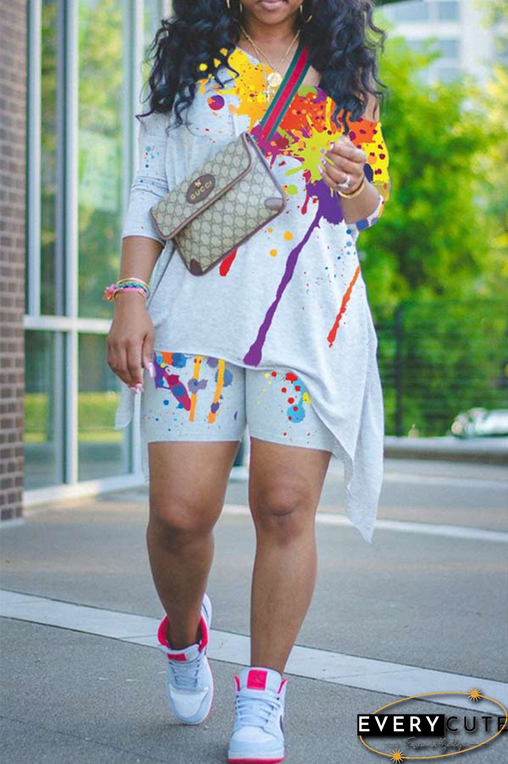 Fashion Print Asymmetrical Oblique Collar Shorts Set