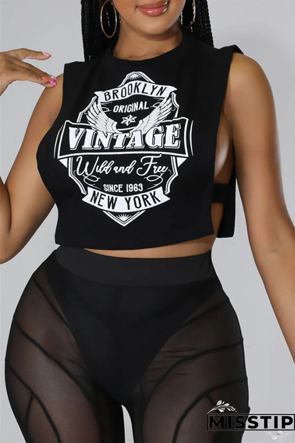 Black Fashion Casual Print Hollowed Out O Neck Tops