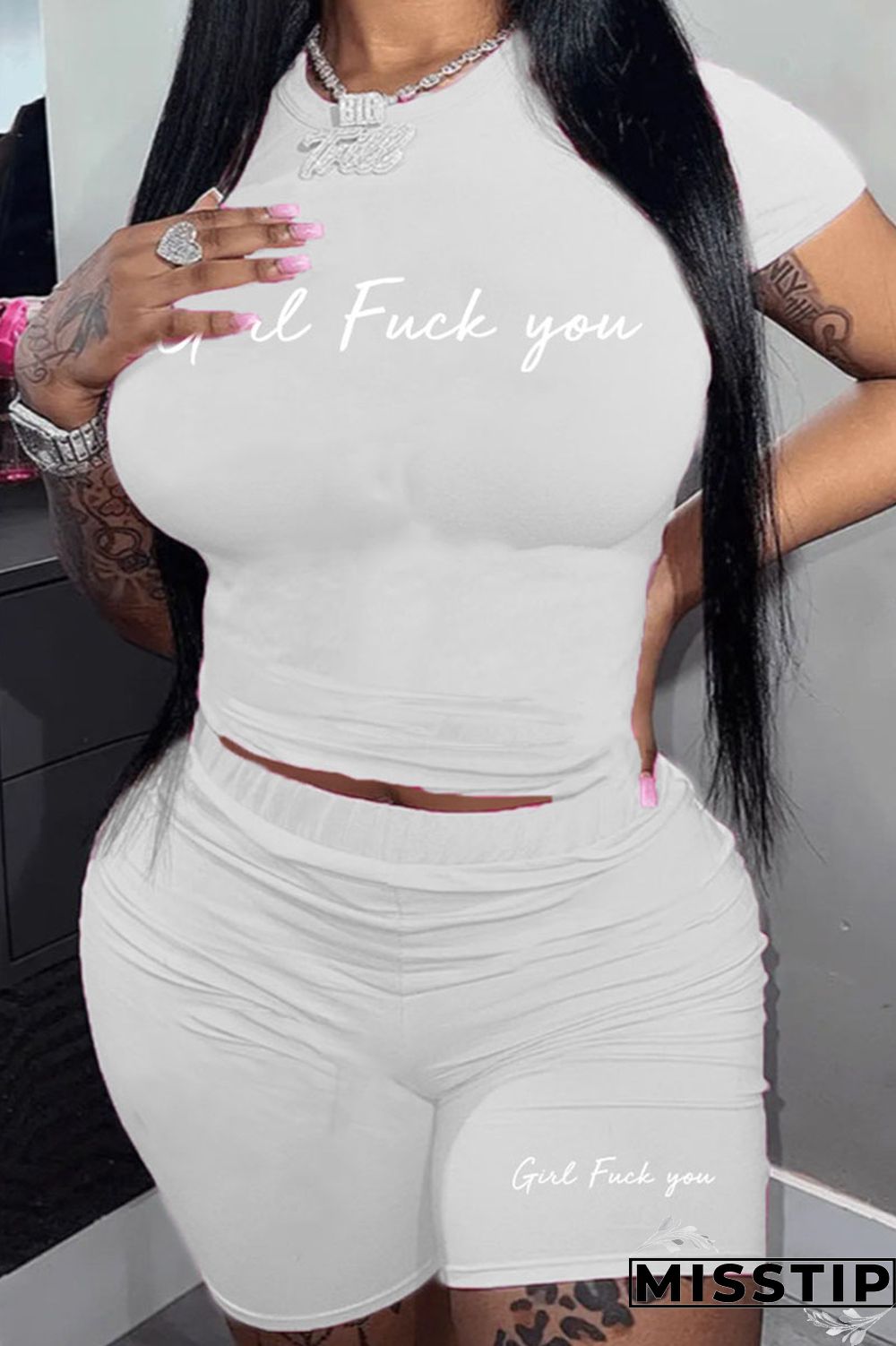 Black Casual Letter Print Patchwork O Neck Plus Size Two Pieces