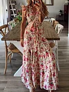 Lace-Up Floral Printed Puff Sleeves Maxi Dresses
