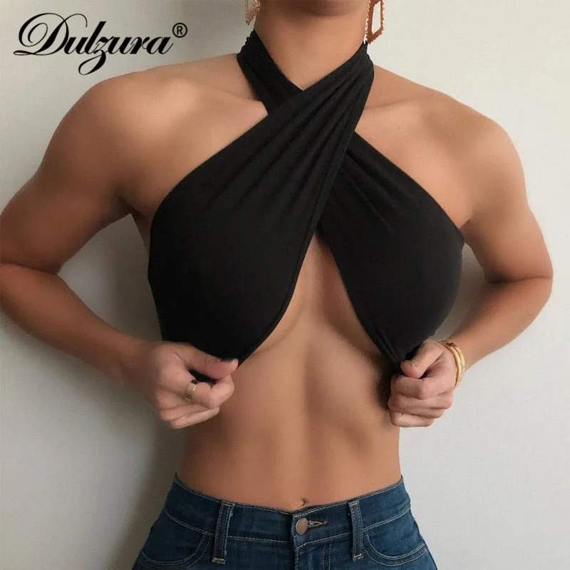 Dulzura Solid Women Crop Top Tanks Lace Up Halter Backless Cross Sexy Streetwear Party Club 2021 Summer Clothes Cute