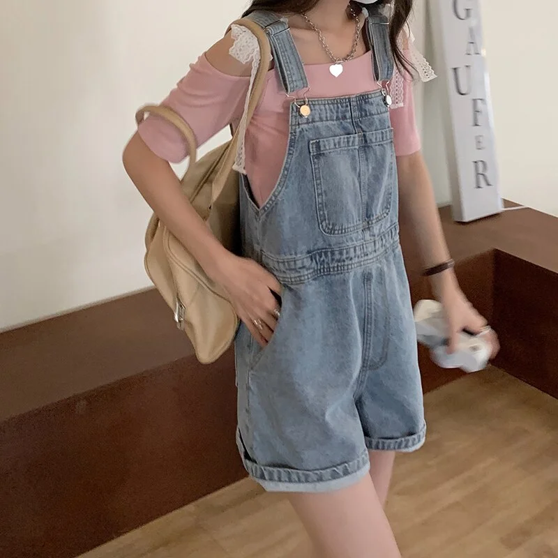 back to school Jeans Women Summer Black Casual Commuting Age Reducing Academy Style Denim Strap Shorts Women Loose Wide Leg Jumpsuit