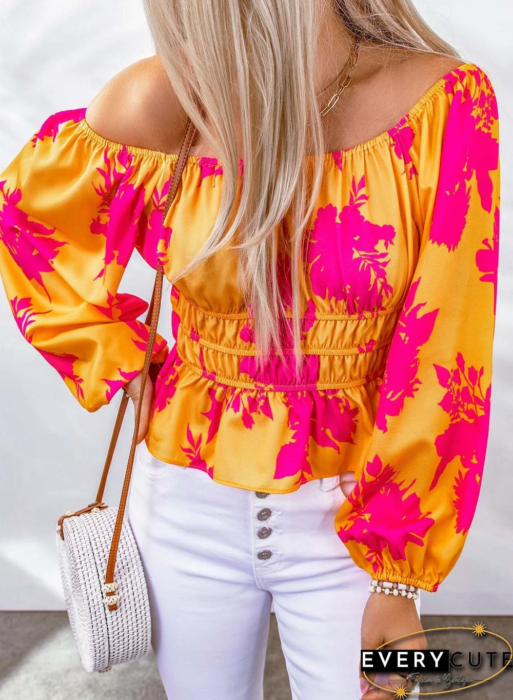 Yellow Floral Print Off Shoulder Puff Sleeve Blouse
