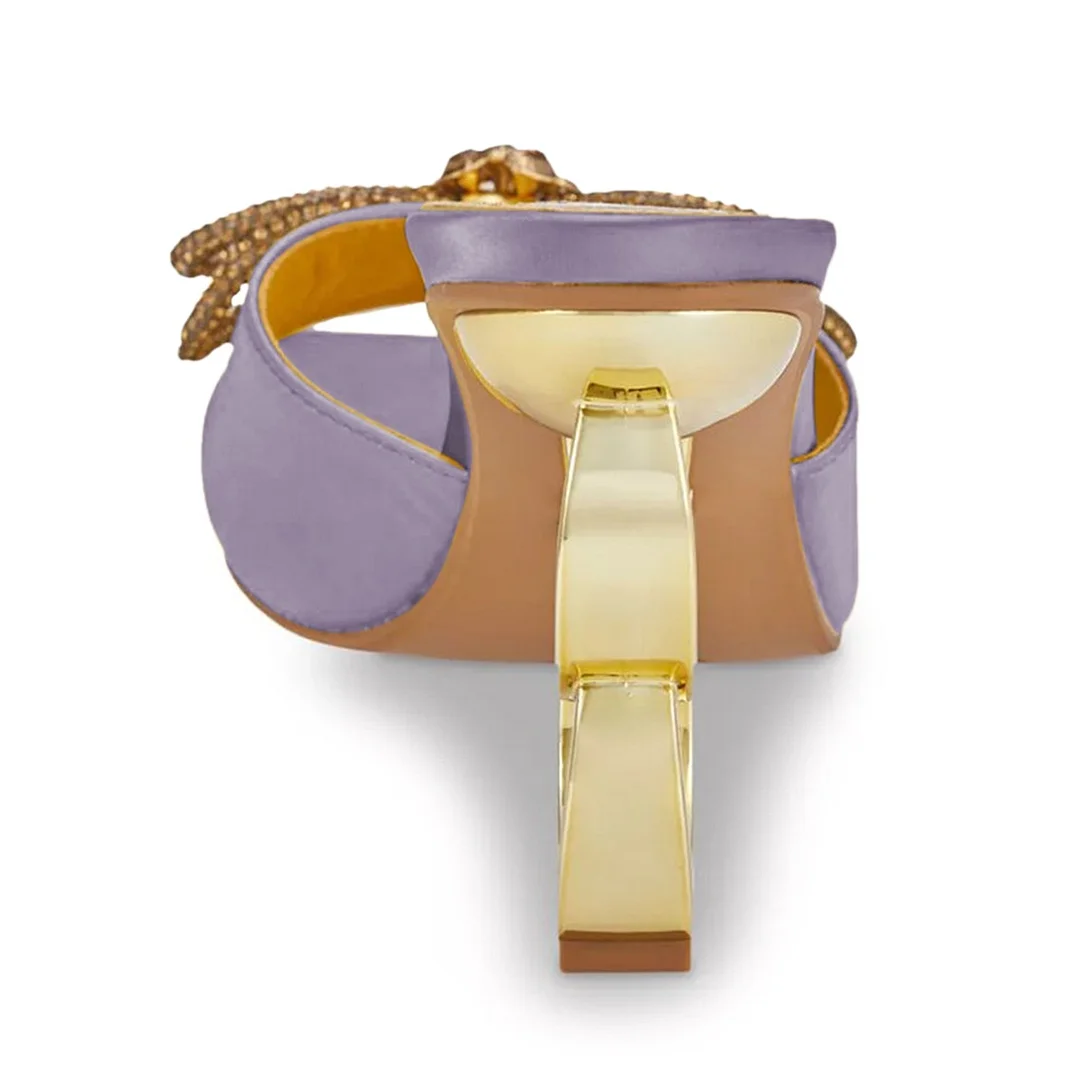 Wide Strap Square Toe Slip On Bow Purple Mule Shoes for Women