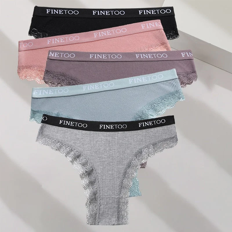 FINETOO 5PCS/Set M-XXL Cotton Panties Women's Letter Thong  Girls Brazilian Panty Sexy Lace Underwear For Woman Lingerie Bikini