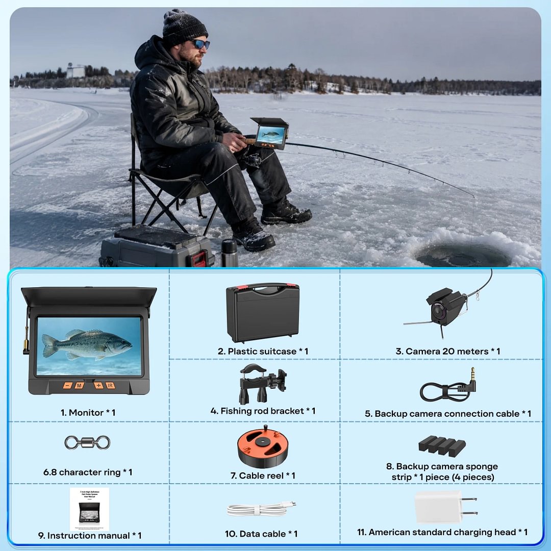BEBANG 7" IPS Underwater Fishing Camera, 10MP 220&deg; Fish Finder with 12 IR Lights, 10000mAh Battery, 66FT Cable Reel, IP68 Waterproof for Ice, Lake & Boat Fishing