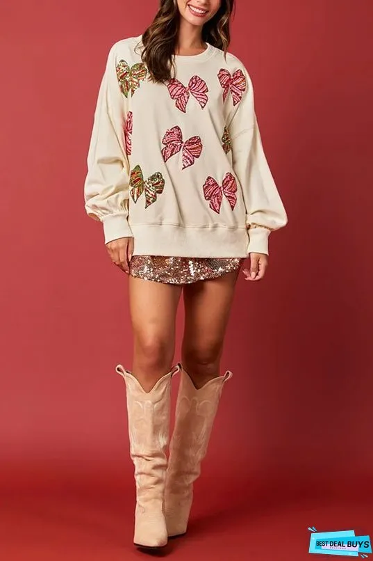 Christmas Bow Sequin Loose Casual Long Sleeve Sweatshirt