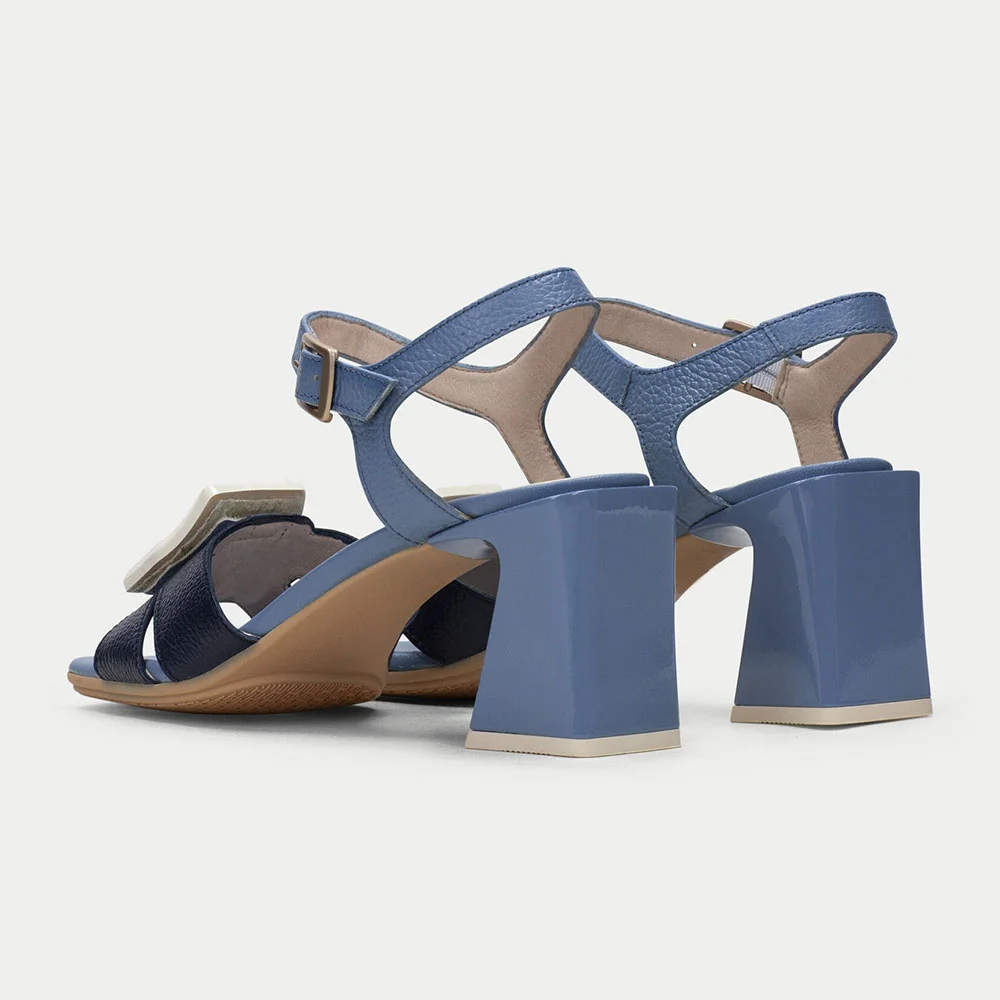 Blue & Navy Square Toe Chunky Heel Ankle Strap Sandals with Buckle