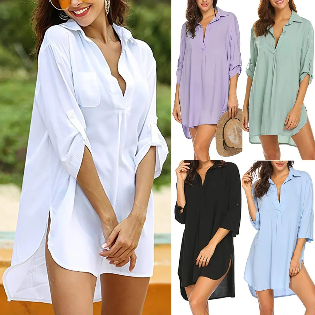 Women's Deep V Neck Fashion Beach Sunscreen Swimwear Shirt Dress