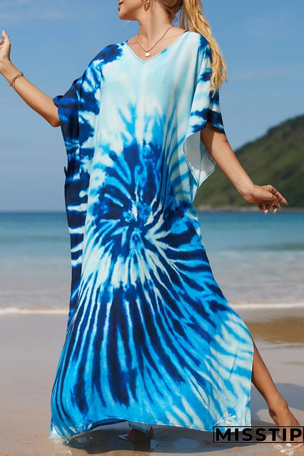 Blue Casual Print Patchwork Slit V Neck Beach Dress Dresses