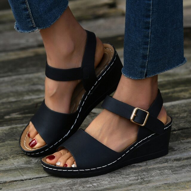 Women's PU Leather Wedges Sandals Summer 2022 Chunky Platform Beach Shoes Woman Open Toe Buckle Sandalias Mujer Plus Size