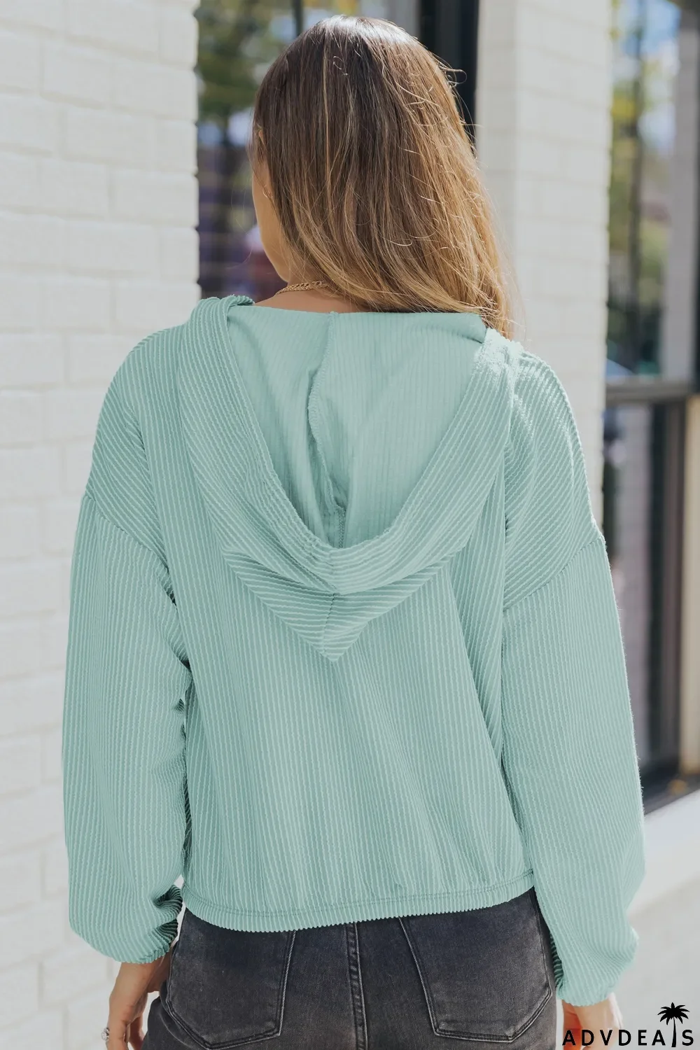 Green Loose Fit Ribbed V Neck Hoodie