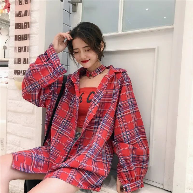 Blouses Women Classic Plaid Simple Loose Mid-long Student Korean Style BF Harajuku Shirt Womens Clothing Chic Fashion Streetwear