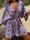 Plunging Floral Printed Batwing Sleeves Mini Dress