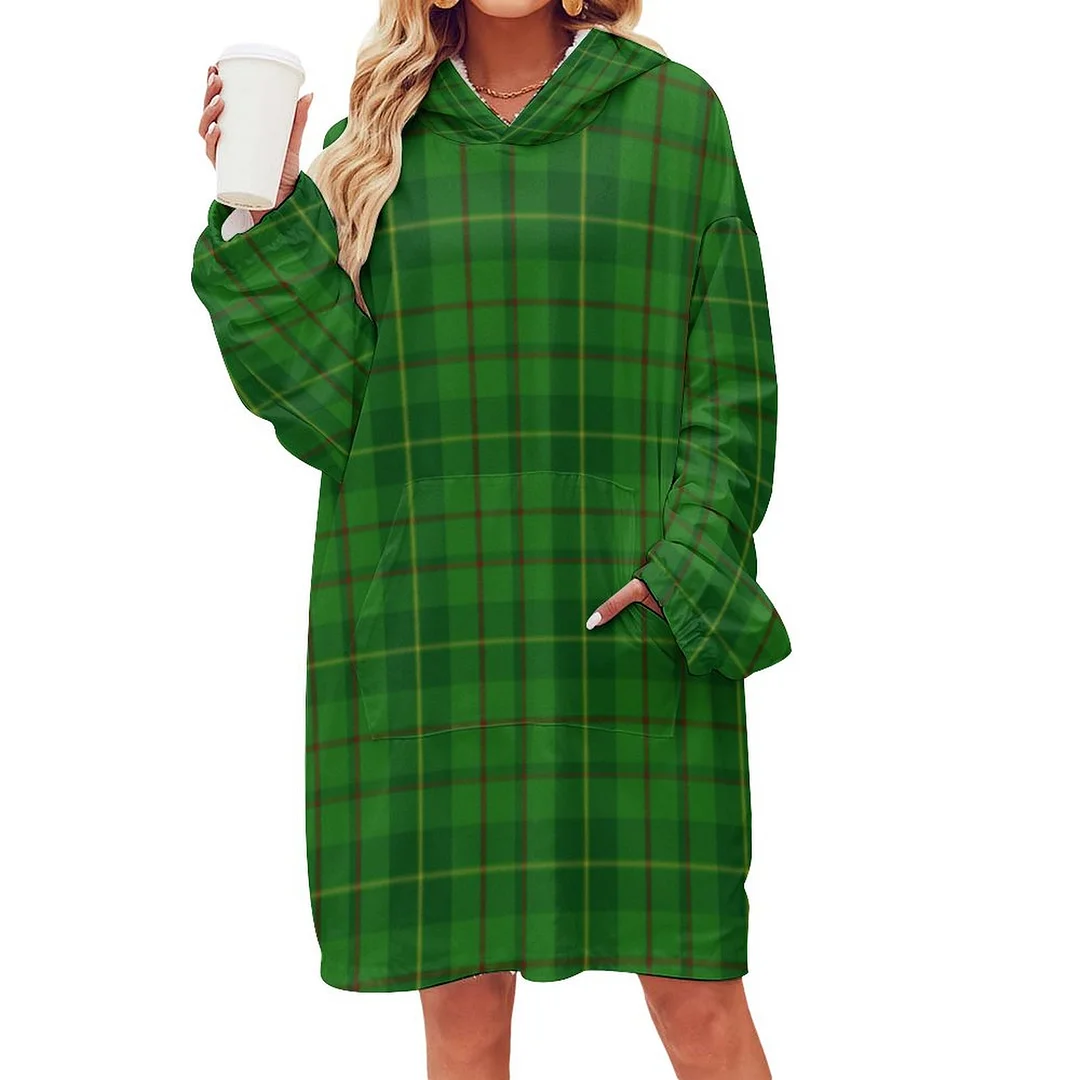 Grass Green Plaid Scottish Tartan lady Oversized Sherpa Fleece Sweatshirt Blanket Hoodie Warm Cozy Wearable Tops with Pocket
