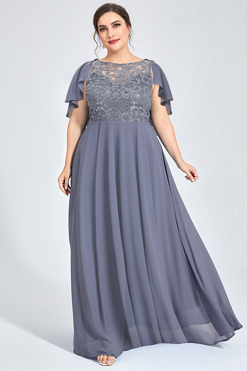 Flycurvy Plus Size Formal Blue Chiffon Sequin Cape Tunic Maxi Dress