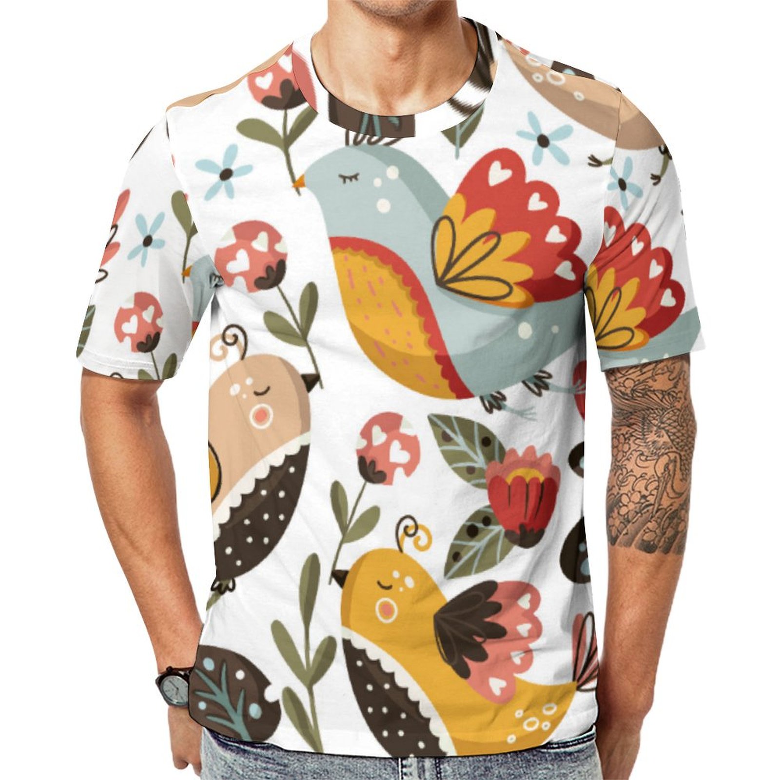 Pattern Of Colorful Birds With Flowers In Nibs Short Sleeve Print Unisex Tshirt Summer Casual Tees for Men and Women Coolcoshirts