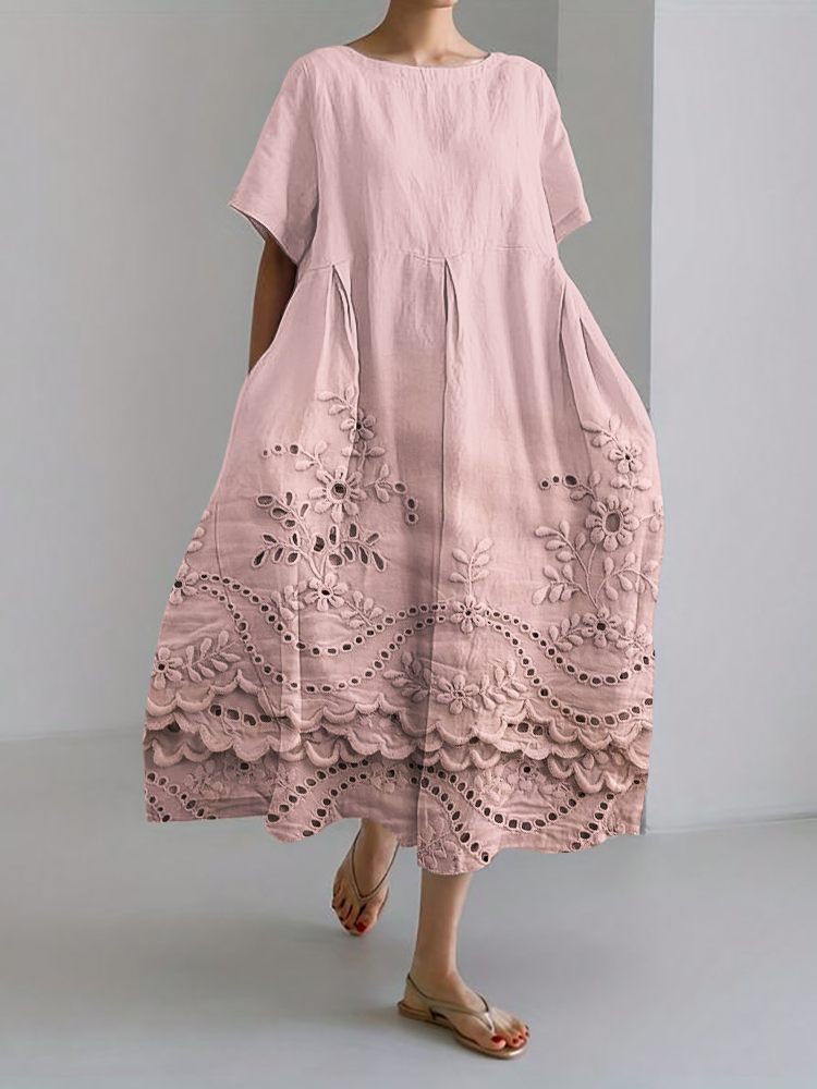 Comstylish Vintage Floral Embroidered Lace Hem Linen Blend Maxi Dress