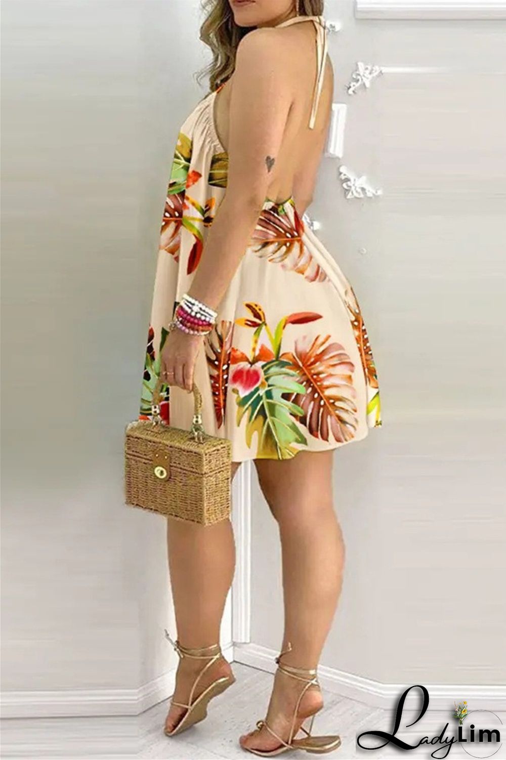 Blue Fashion Casual Print Bandage Backless Halter Sleeveless Dress Dresses