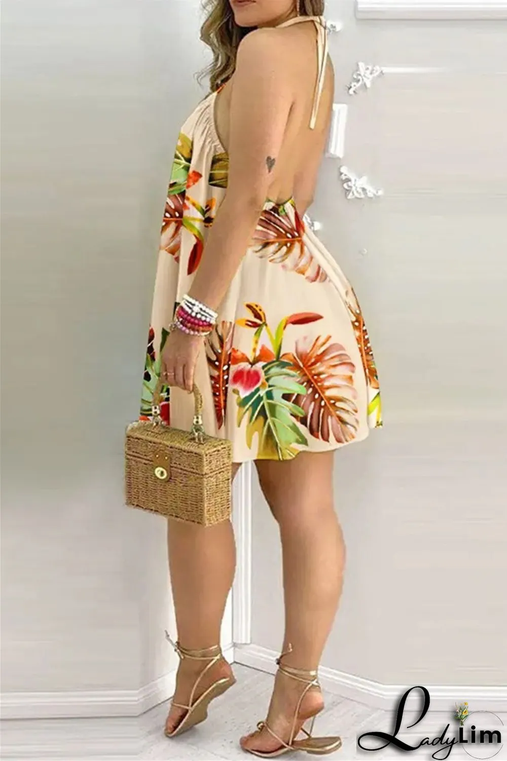 Blue Fashion Casual Print Bandage Backless Halter Sleeveless Dress Dresses