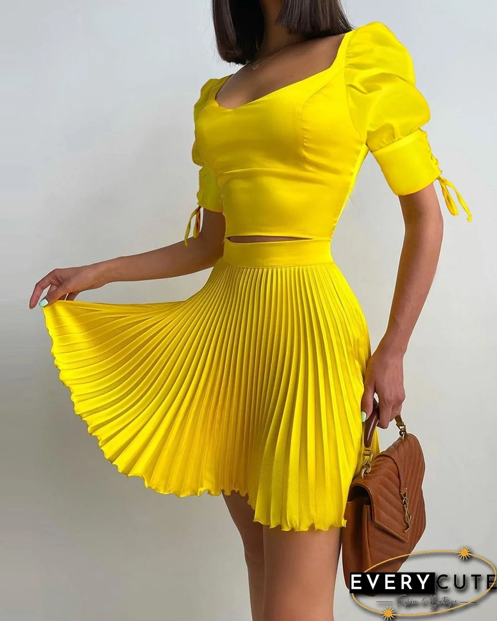 Puff Sleeve Top & Frill Hem Pleated Skirt Set