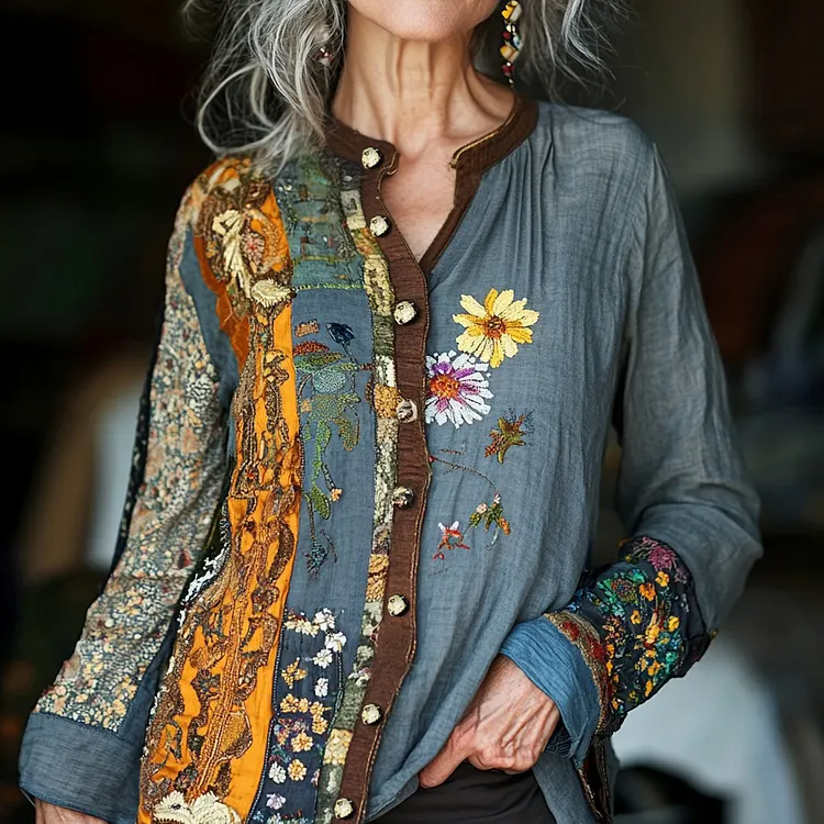 Bohemian Style Patchwork Art Floral Embroidery Linen Long Sleeve Shirt