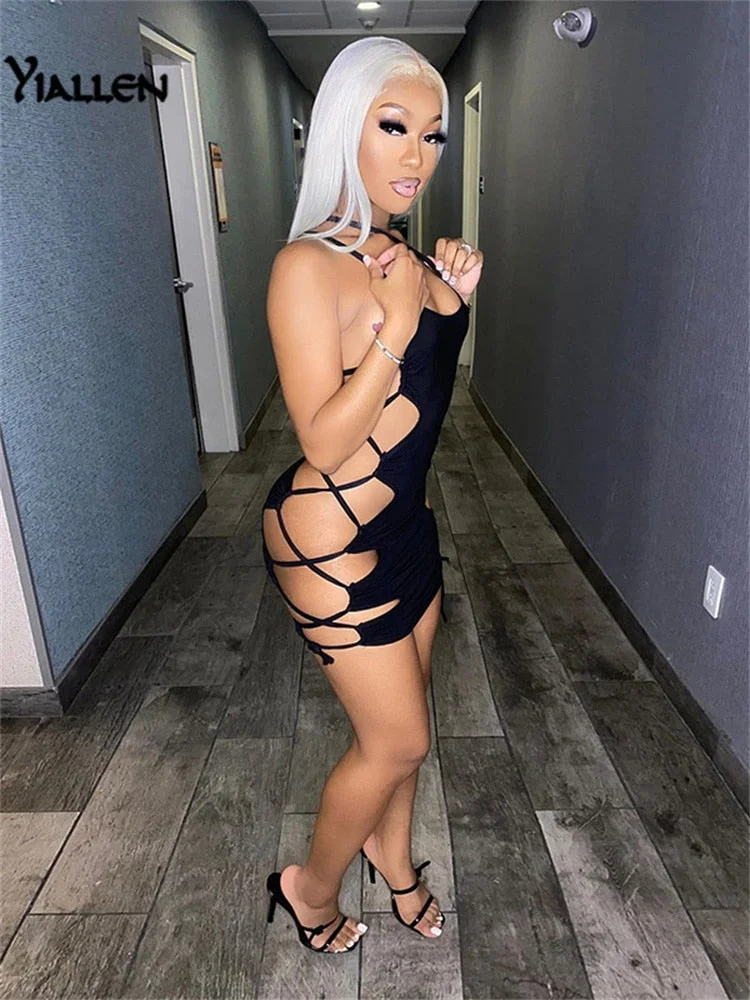 Yiallen Summer Black Sexy Hollow Out Lace Up Sling Slim Dress Women Fashion Sleeveless Clothing Lady Solid Mini Dresses