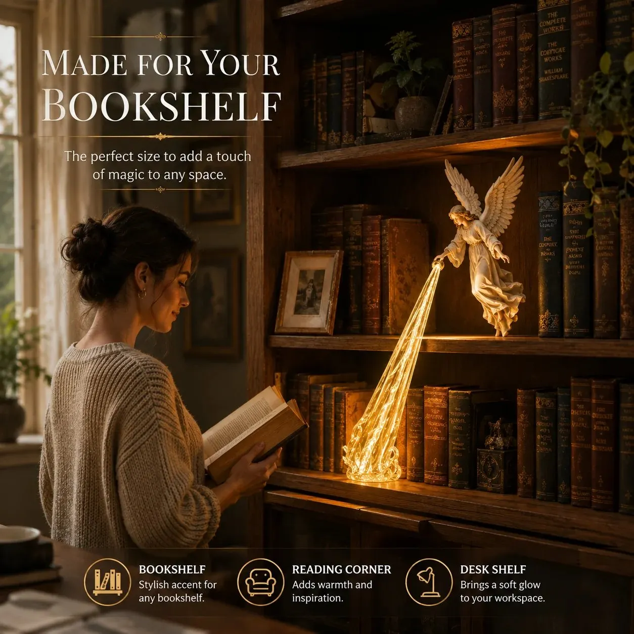 Guardian Angel bookshelf decor beside woman reading