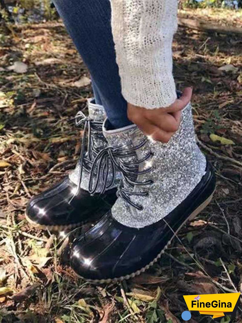 Glitter Leopard Contrast Panel Duck Bill Rain Boots