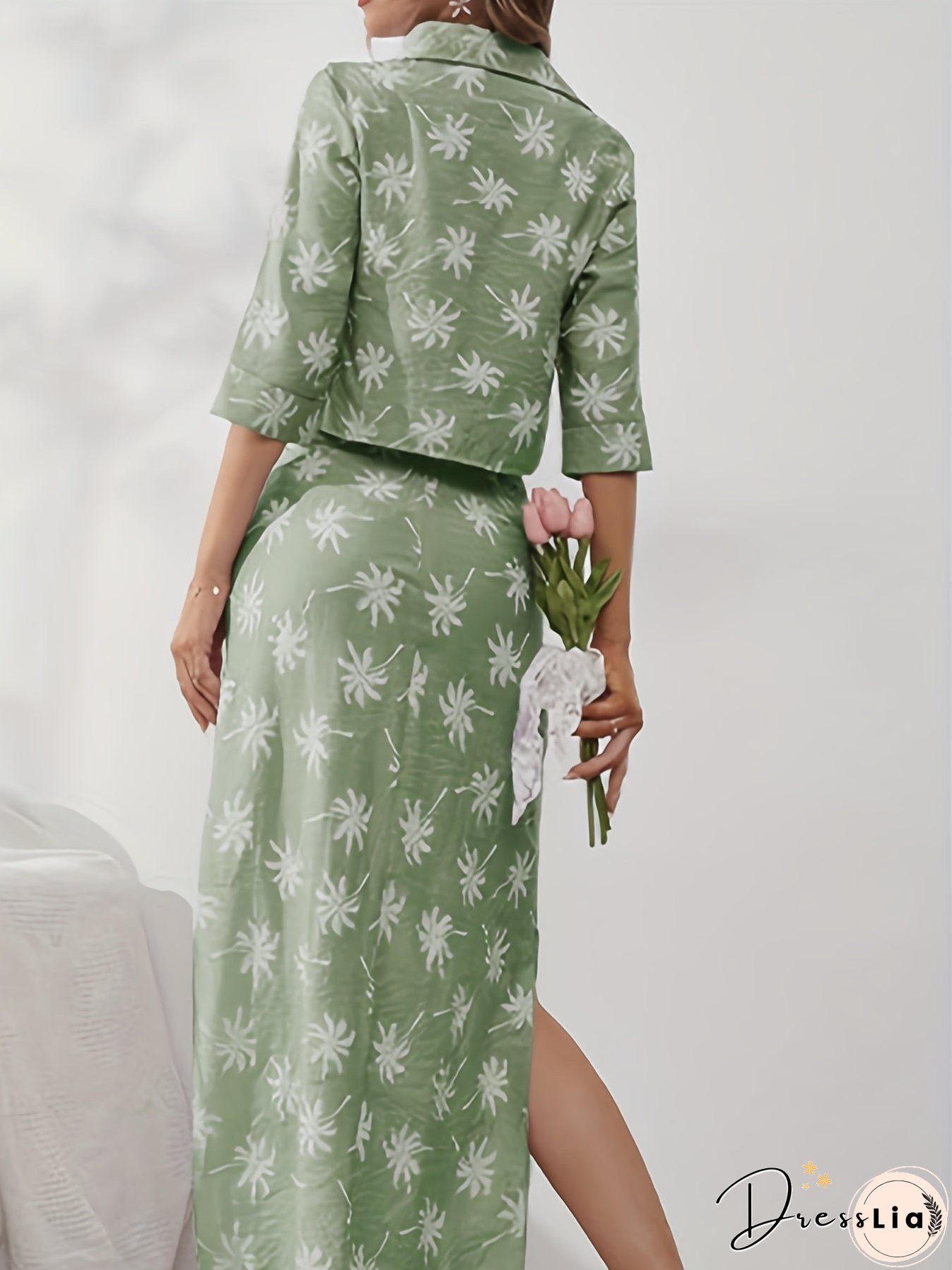 Coconut Tree Print Two-Piece Set Button Front Cropped Shirt High Waist Split Skirts