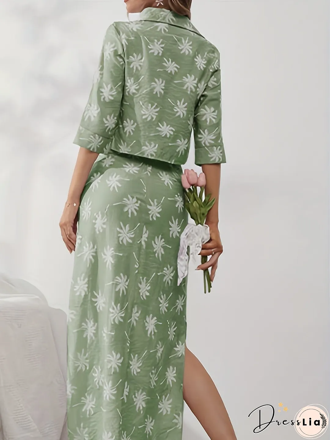 Coconut Tree Print Two-Piece Set Button Front Cropped Shirt High Waist Split Skirts
