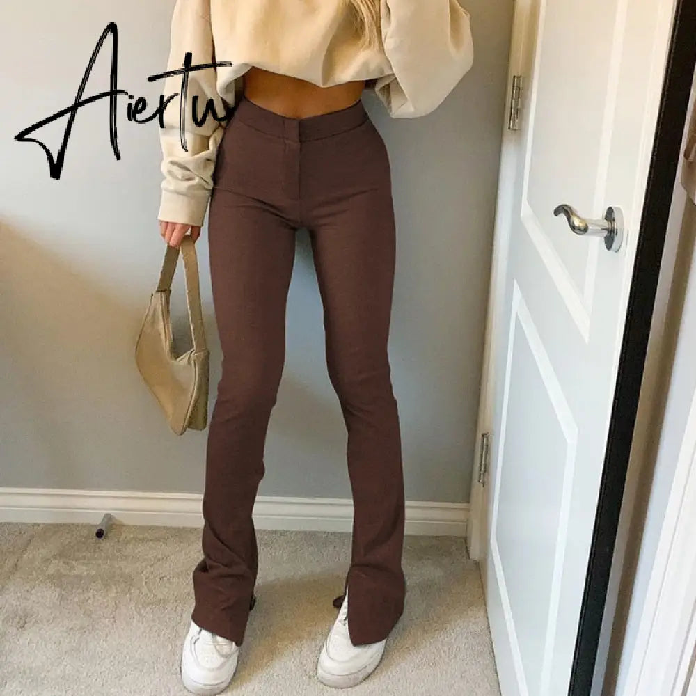 Aiertu Women Fashion Split Flare Pants Solid Color Slim Fit Legging Sweatpants Casual Elastic High Waist Bell-Bottoms Trousers Aiertu
