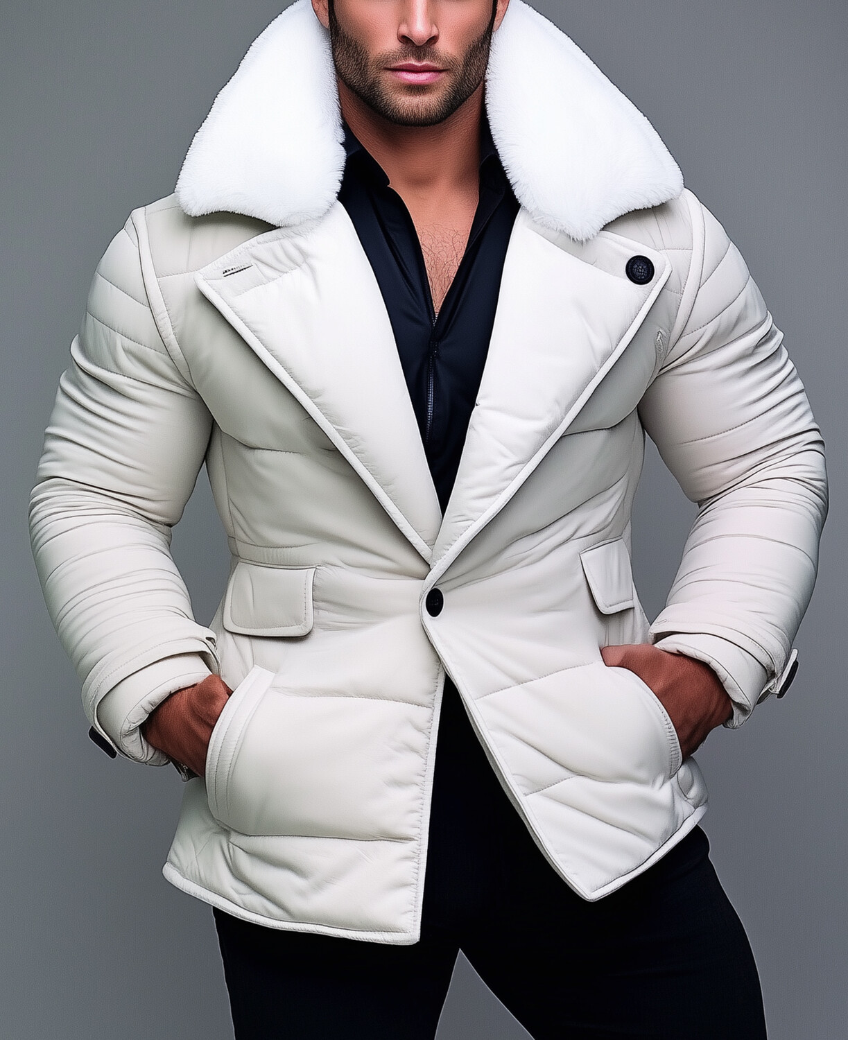 Okaywear Fuzzy Lapel Collar Single Breasted Pocket Solid Down Jacket