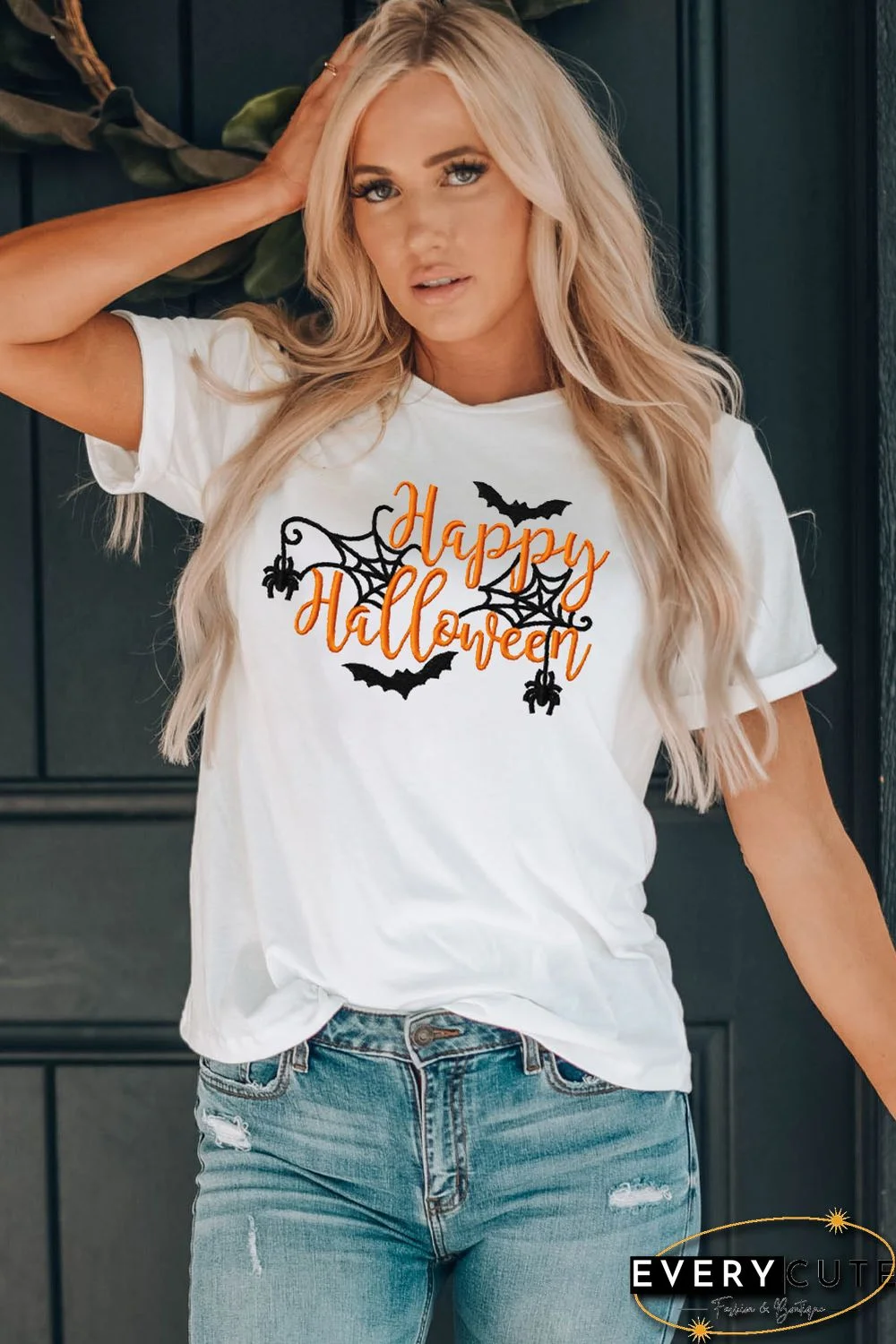 White Happy Halloween Embroidered Graphic Short Sleeve Tee