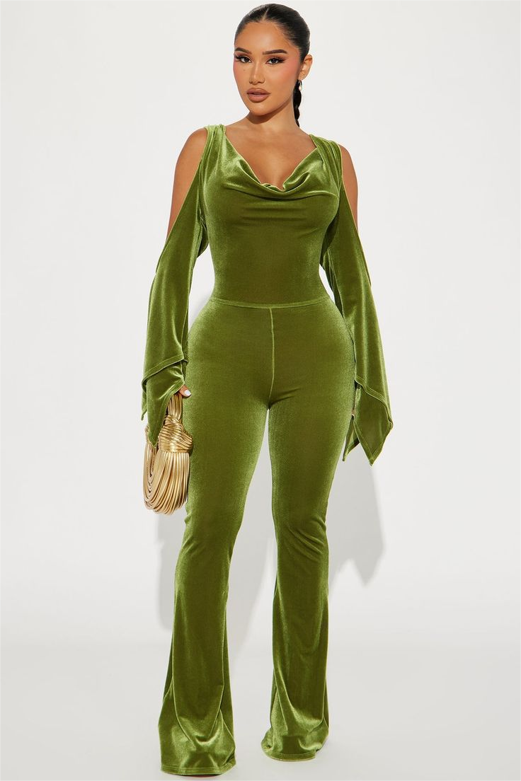 Lvs&Broner Chic Green Velvet V Neck Long Sleeves Waist Slimming Wid-Leg Jumpsuit