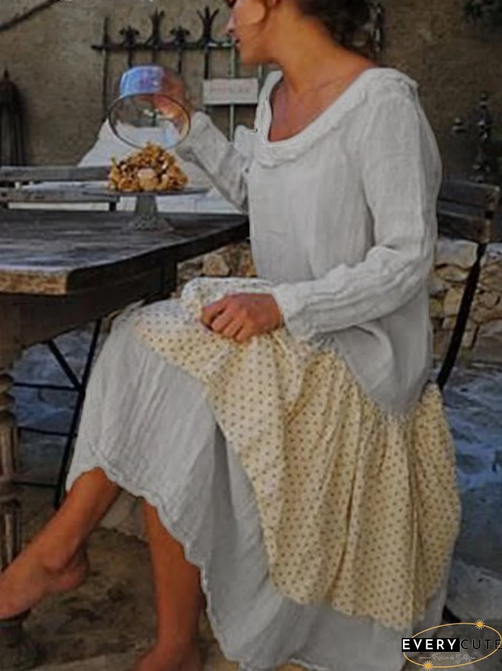 Casual Cotton-Blend Crew Neck Weaving Dress