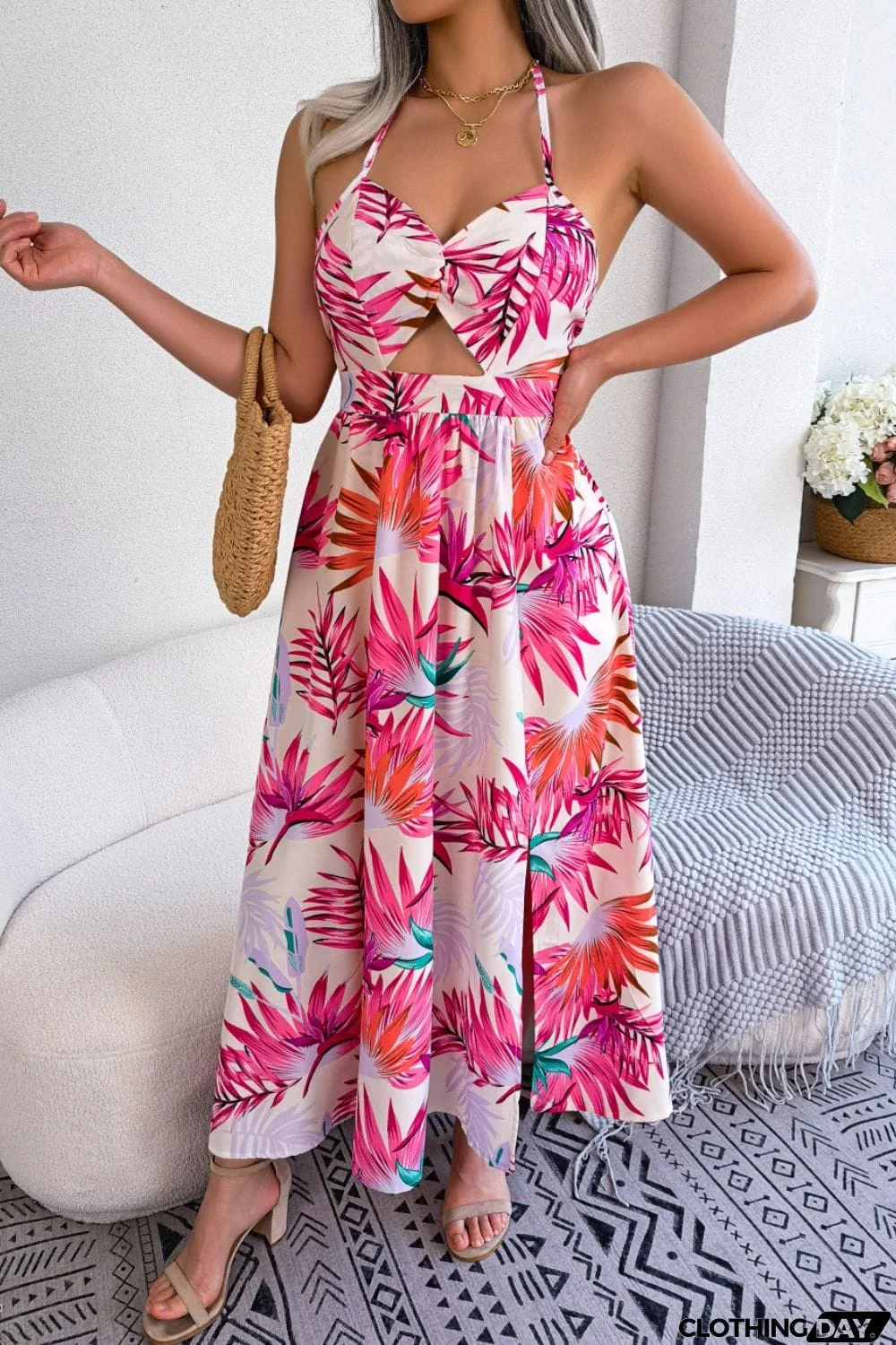 Botanical Print Tied Backless Cutout Slit Dress