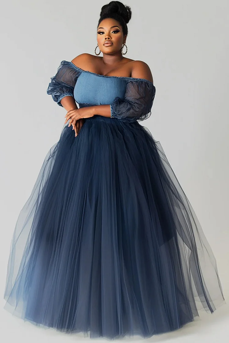 Xpluswear Design Plus Size Formal Blue Off The Shoulder Lantern Sleeve 3/4 Sleeve See Through Contrast Tulle Tencel Denim Maxi Dresses [Pre-Order] 2024 - Xpluswear