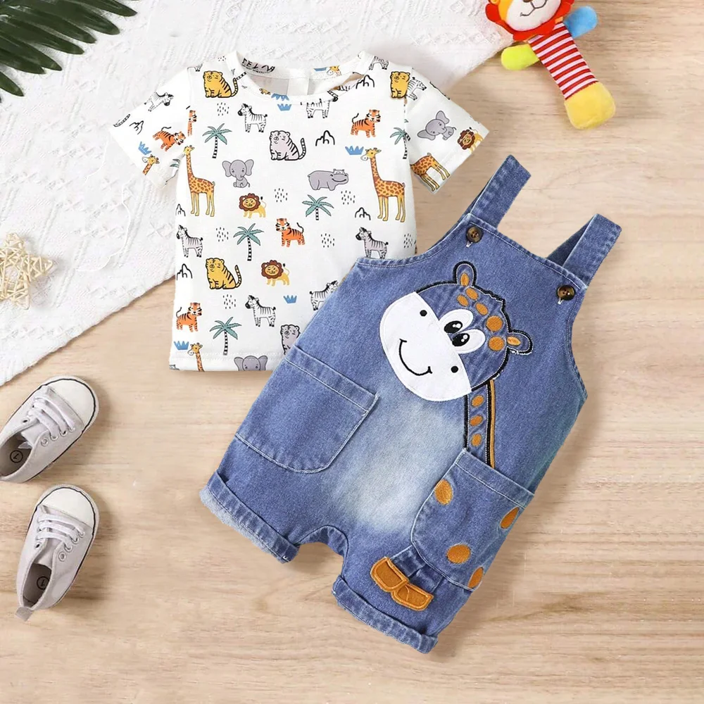 2PCS Cute Animal Printed Top And Embroidered Denim Overalls Baby Set