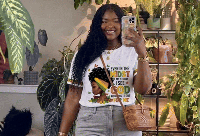 Model wearing God inspired t-shirt
