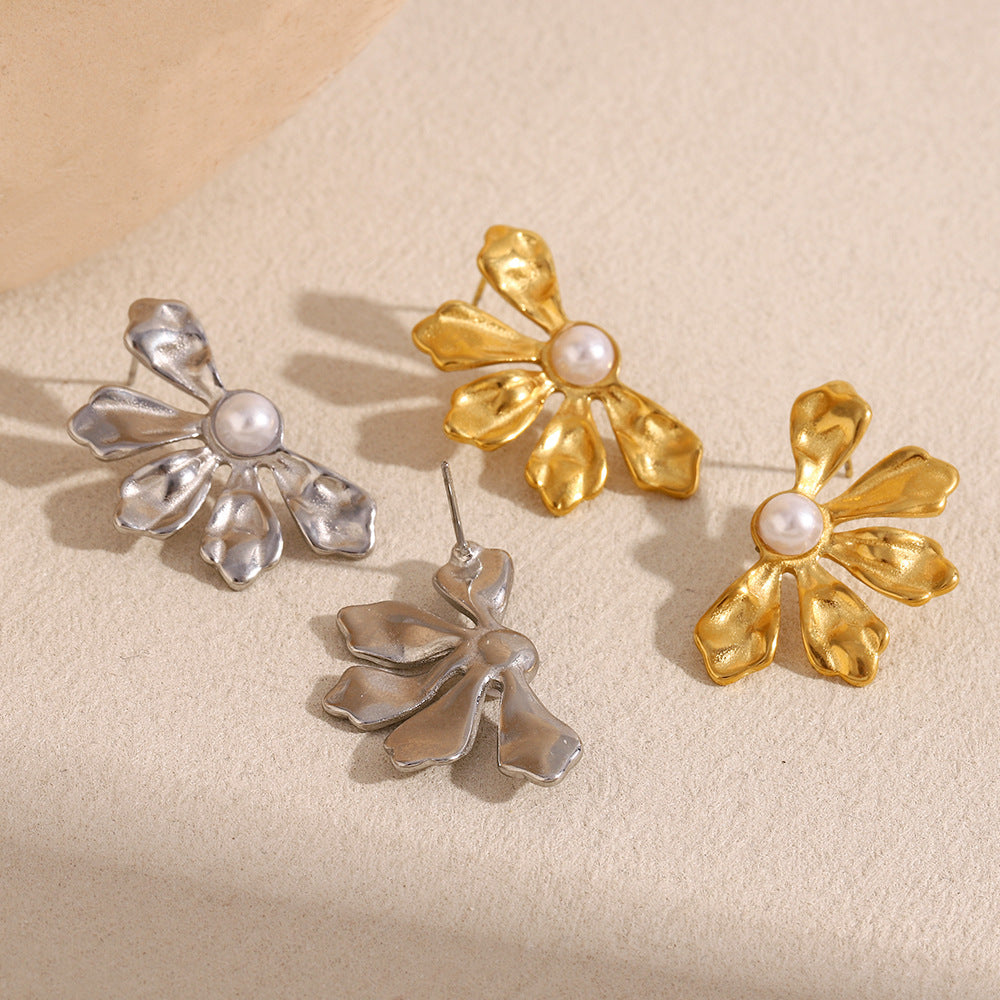 Versatile Exaggerated Design Earrings Stainless Steel 18K Gold Plated Symmetrical Flower Earrings For Women