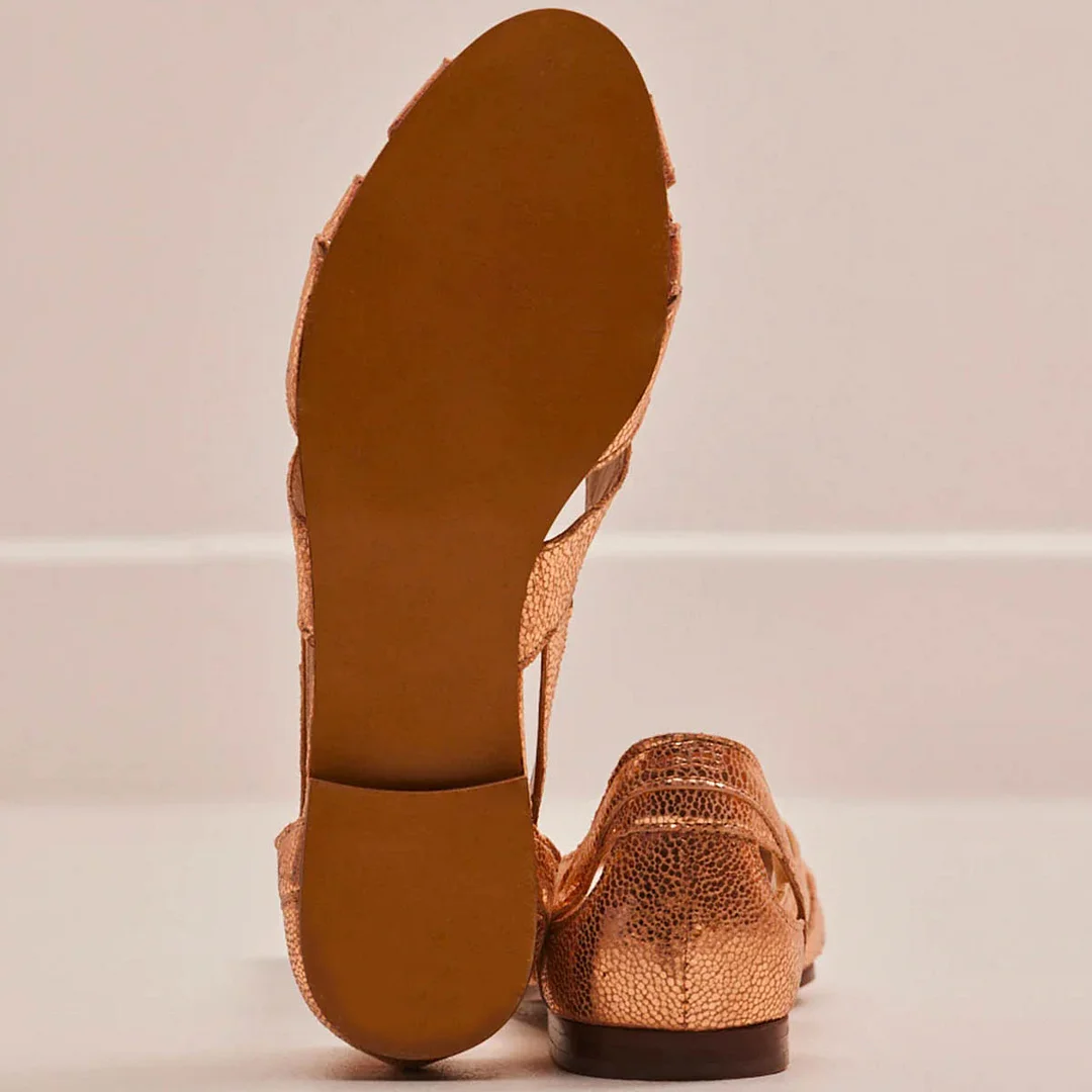 YDN Gold Crackle Finish Peep Toe Woven Flat Sandals for Women