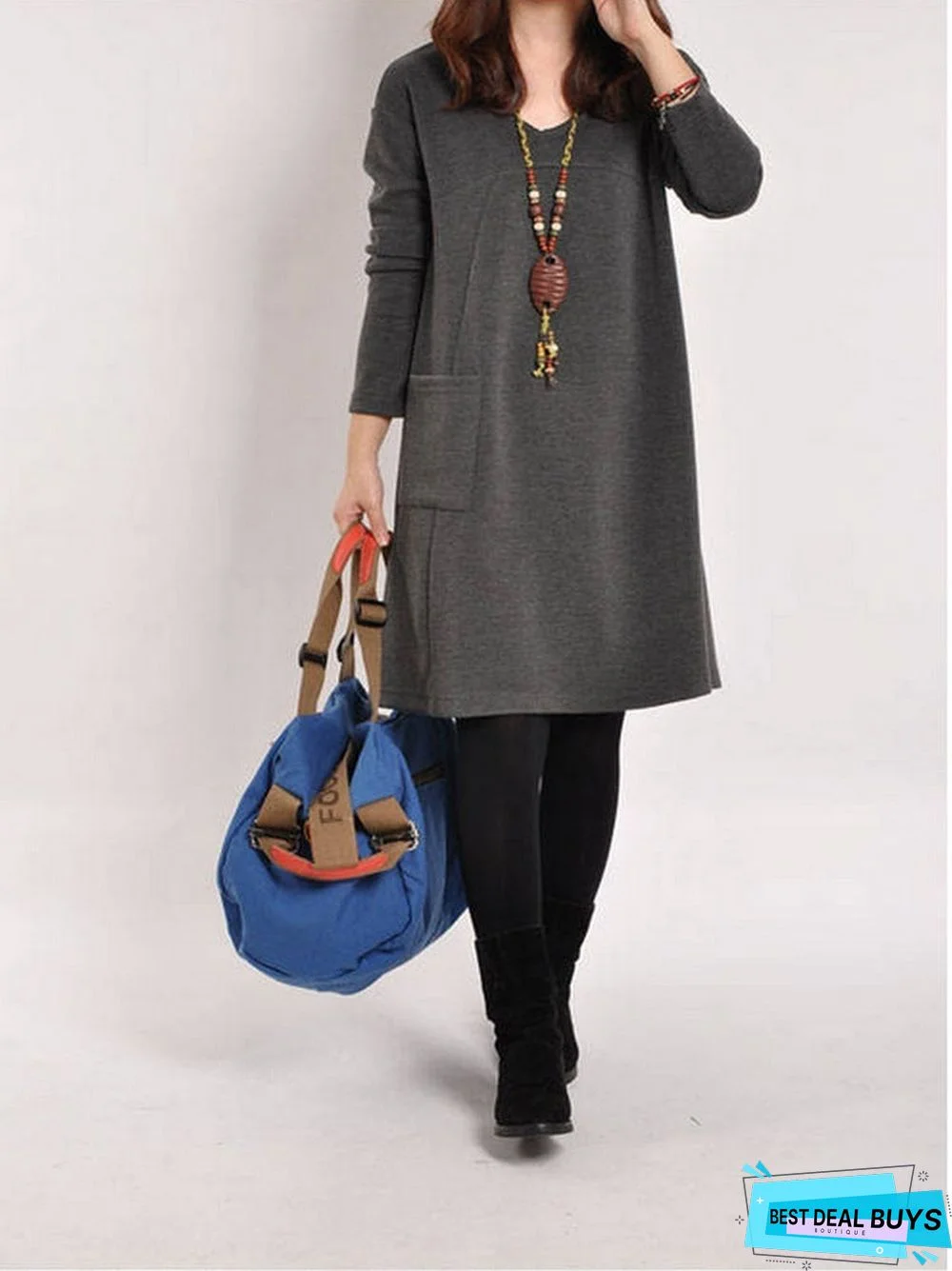 Long Sleeve Plain Pockets Casual Fall Dresses