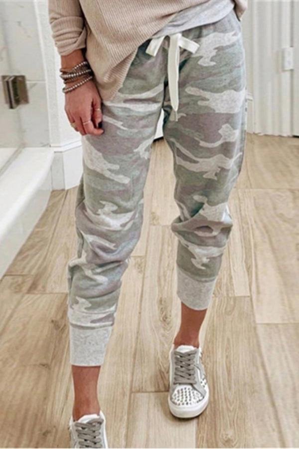 Casual Camouflage Print Self-tie Paneled Foot-binding Pants