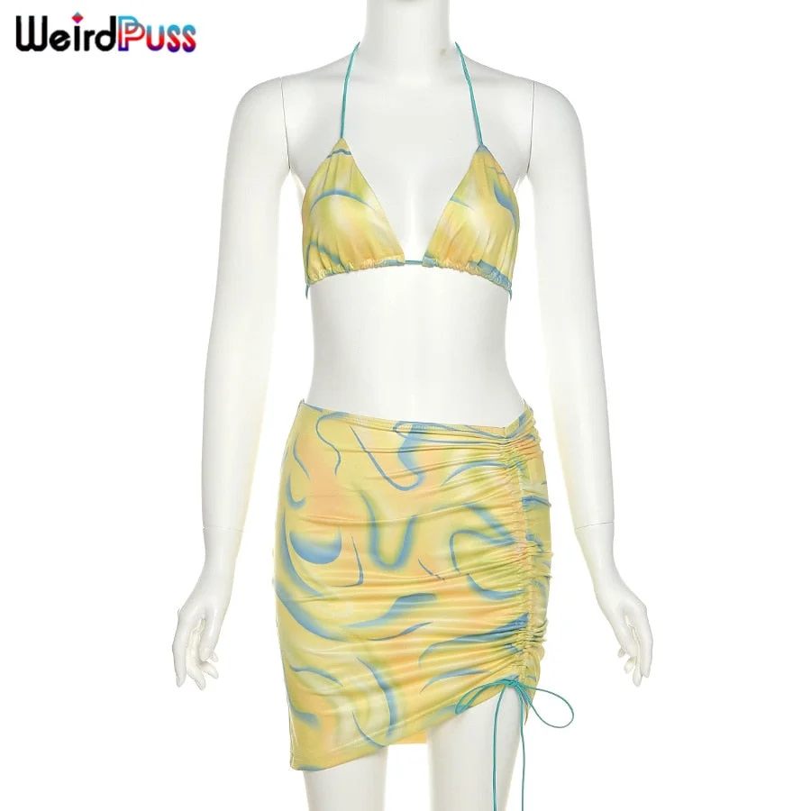 Weird Puss Summer Swimsuit Women Sexy Trend Bikini Tops+Skirt Suits Beach Style Matching Sets Chic Fairy Grunge Vacation Outfits