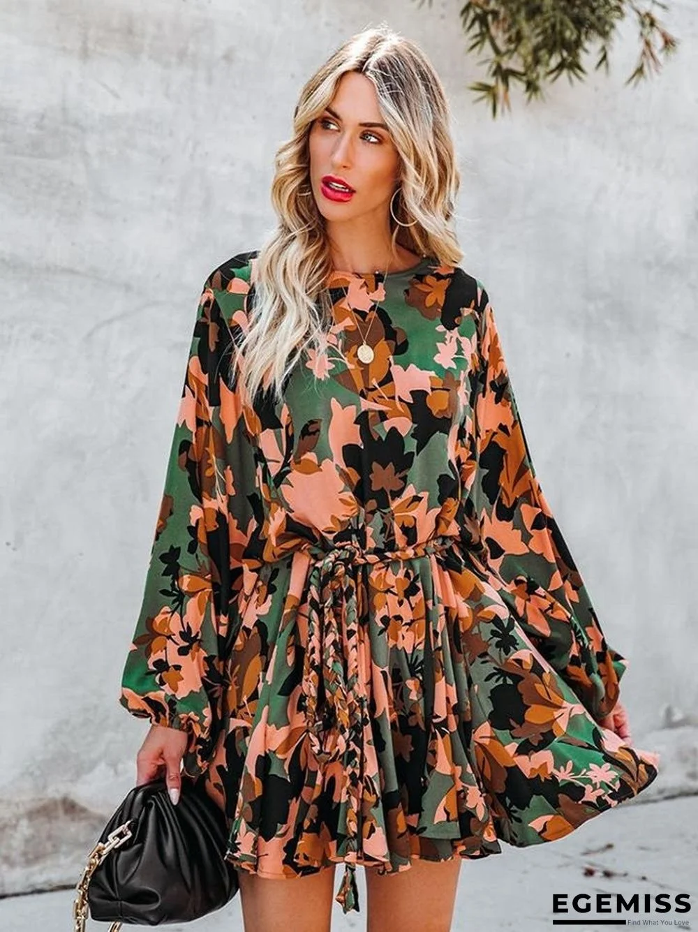 Printed Round Neck Long Sleeve Dress | EGEMISS