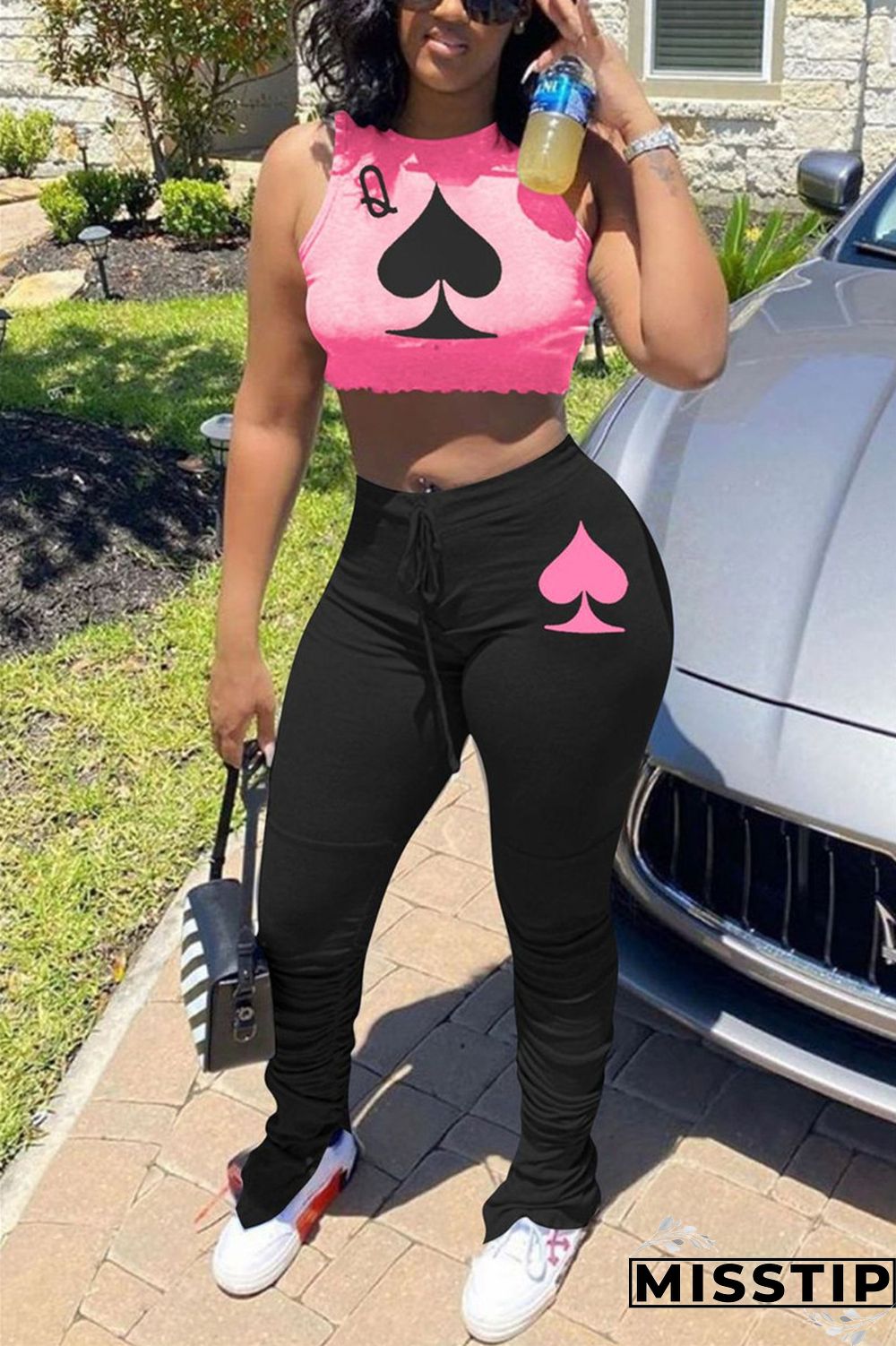 Pink Elastic Fly Mid Print Boot Cut Pants Bottoms