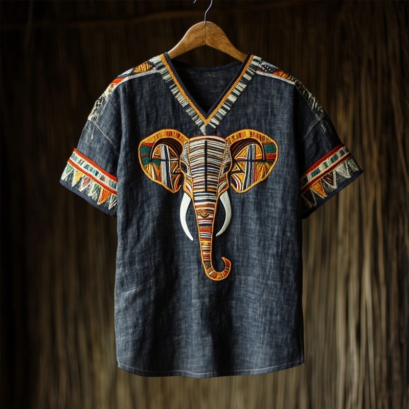 African Elephant Tribe Embroidered V Neck Linen T Shirt
